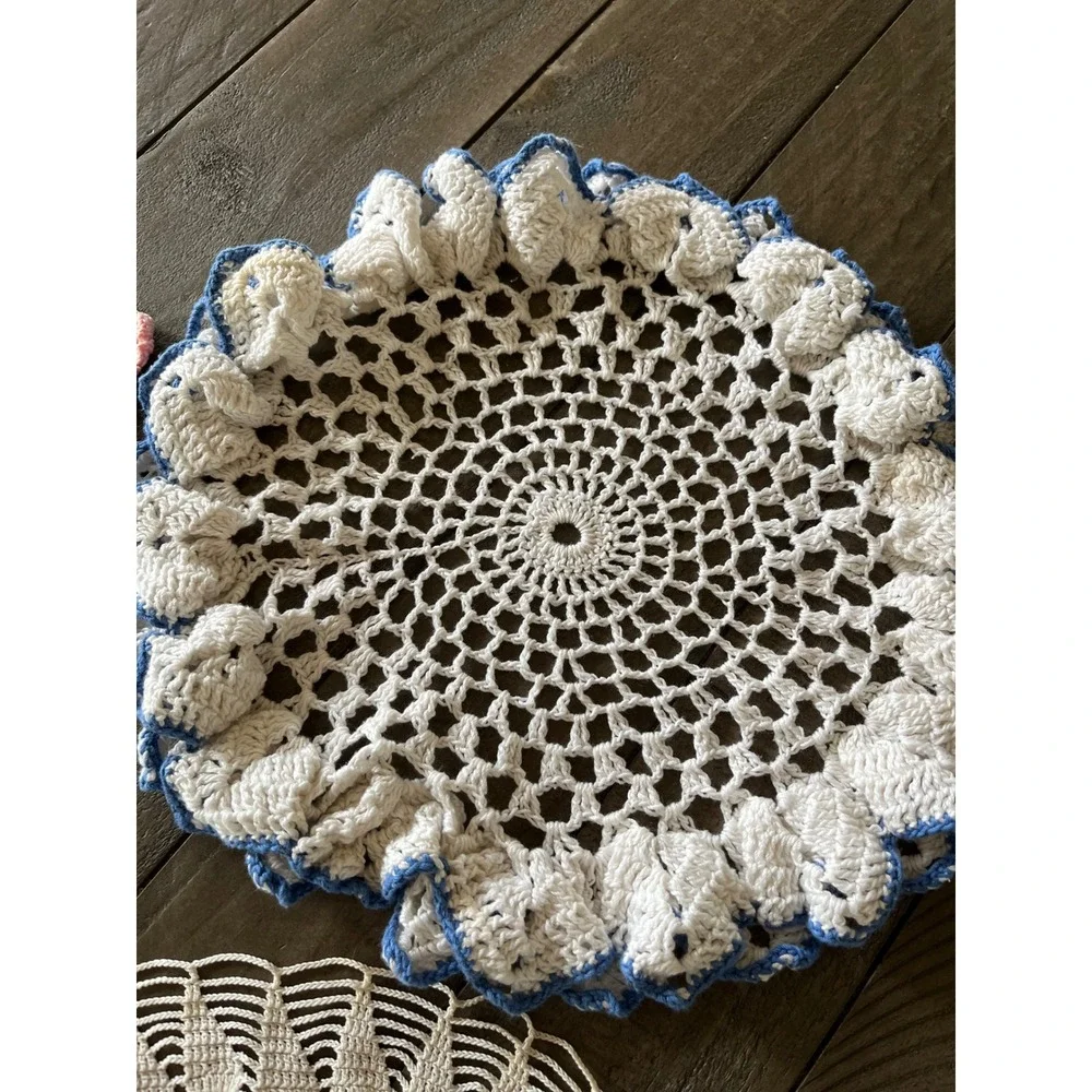 Vintage Handmade Crochet Doilies and Rose Pot Holder Set White Pink Green Blue